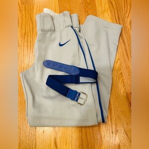 NIKE Vapor Baseball Pants Youth Large Grey w/ Blue Piping, Adidas Youth Belt